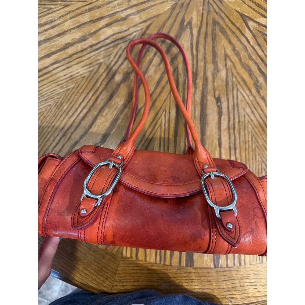 Vintage Cole Haan Orange Distressed Leather Barrel Shoulder Bag Side Pockets
